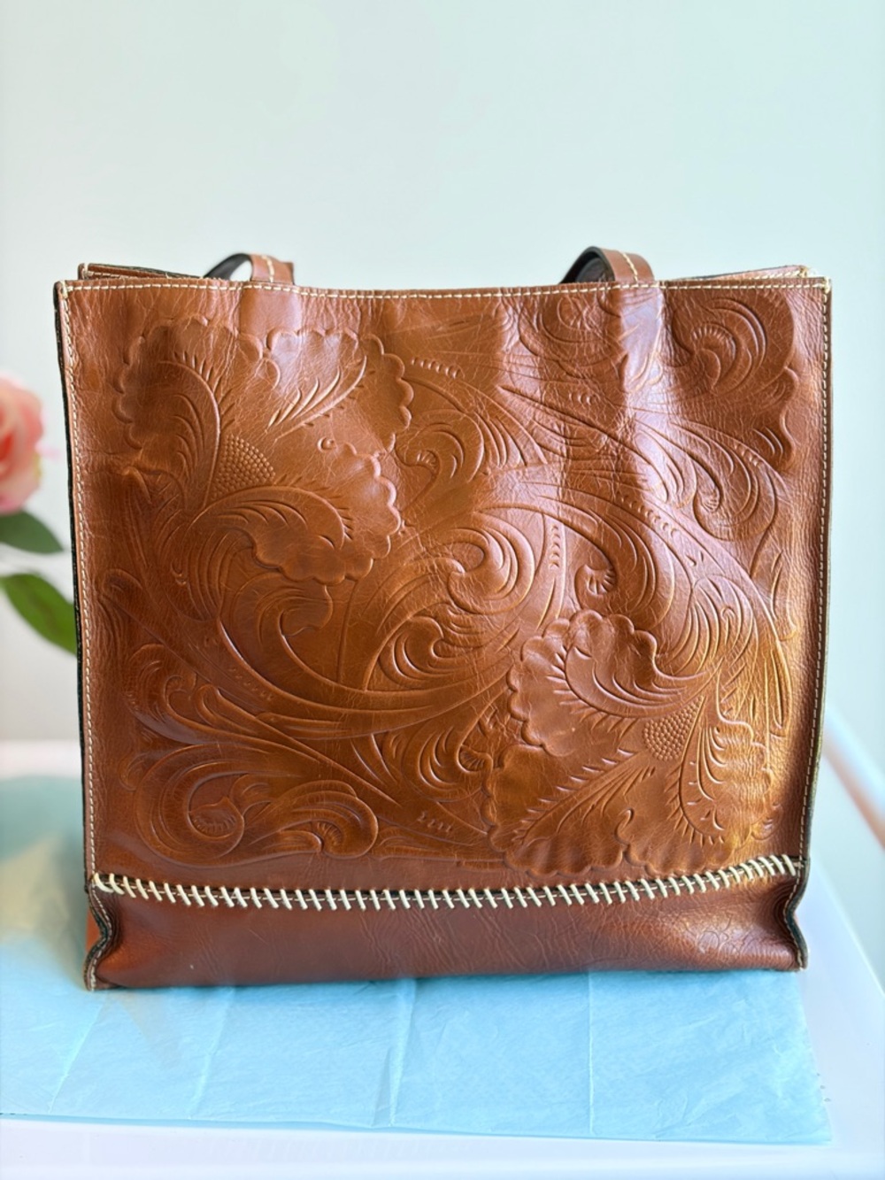 Patricia Nash Tan Embossed Leather Tote with Floral Swirl